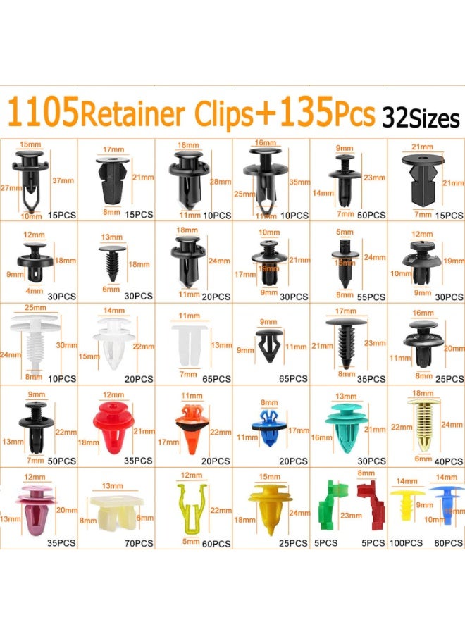 1240 Pcs Car Retainer Clips & Fasteners Kit – 32 Universal Sizes Nylon Bumper, Fender Rivets, Door Panel Clips, and Plastic Rivets with 10 Cable Ties and Removal Tool for Toyota, Ford, Honda, Chevy - Image 2